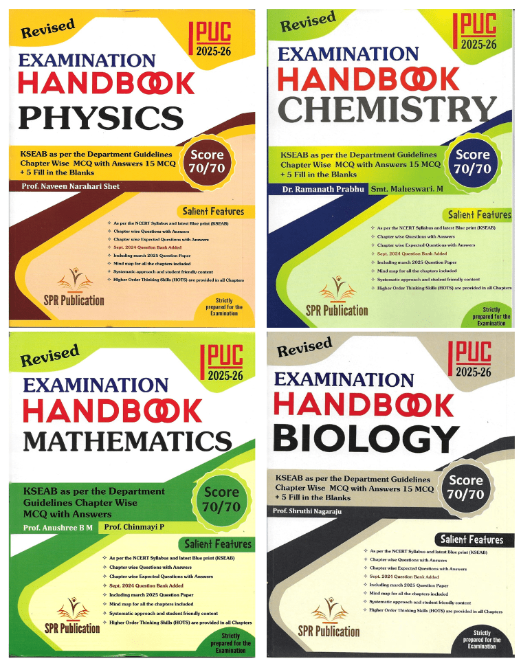SPR 1st PUC Handbooks| Set Of 4Books | - Physics, Chemistry ,Mathematics, Biology | Chapter Wise MCQ With Answers - For 2025 - 26 - Beetle Book Shop